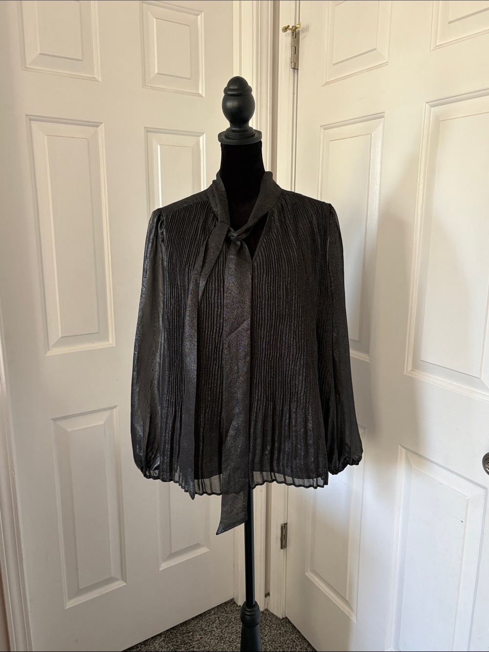 Nanette Lepore Black Shimmering Pleated Tie-Neck Blouse